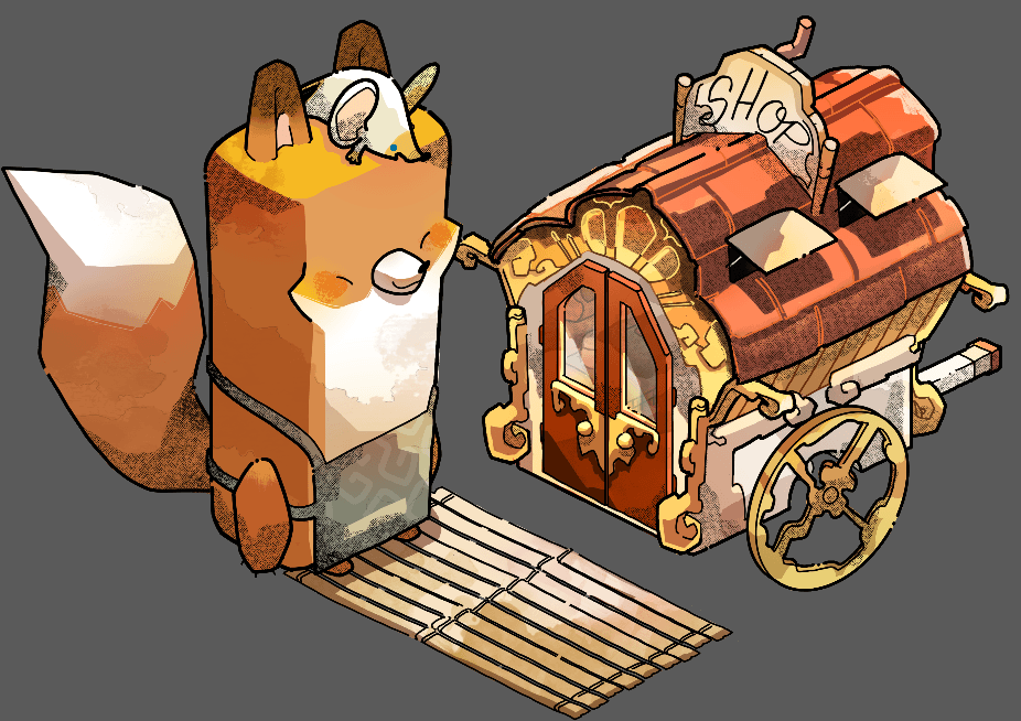 GIF du jeu Cozy Grove mettant en vedette un wagon d'ouverture de personnage ressemblant à un renard