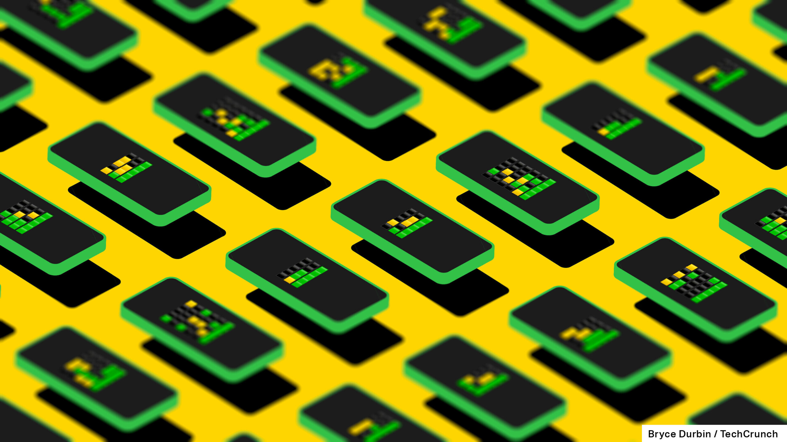 jeu de mots;  une grille de téléphones illustrés avec des carrés verts et jaunes dessus