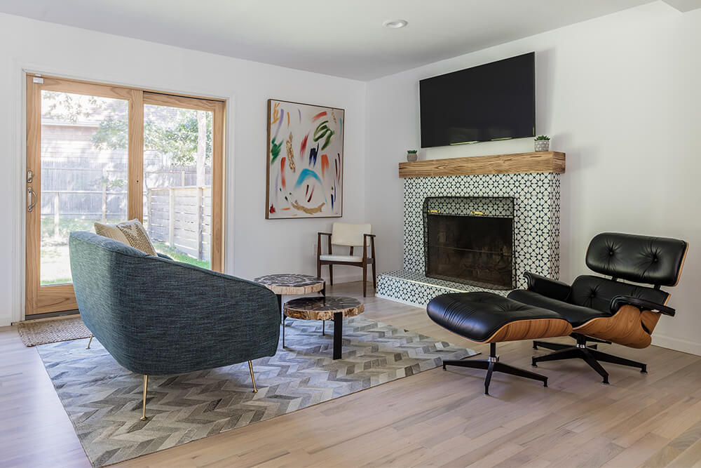 Living room fireplace remodel with moroccan tile